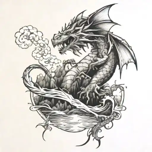 Floating fantasy dragon island tattoo design idea