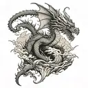 Floating fantasy dragon island tattoo design idea