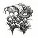 Floating fantasy dragon island tattoo design idea