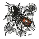 black widow  spider crawling down web with '55' on the abdomen tattoo design idea