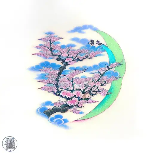 pink cherry blossom with blue wave behind it tattoo design idea