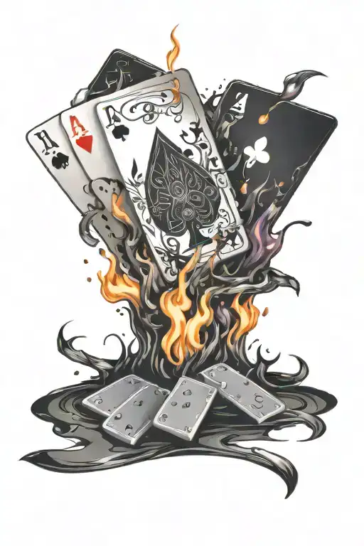 black jack cards on fire with one of the cards says ICE with a deck of cards at the top with a dice with two plus dots a tattoo design idea