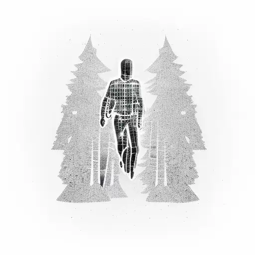 A criminal silhouette walking through a dark forest with hidden symbols and mysterious elements tattoo design idea