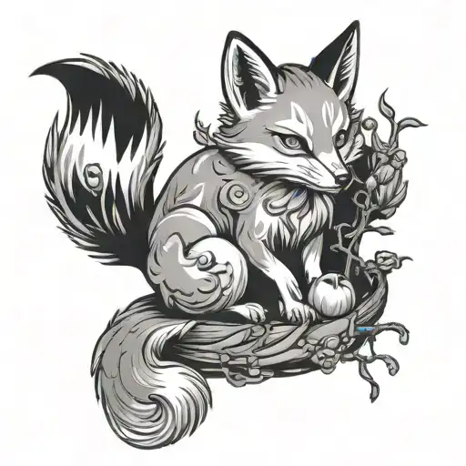 kitsune eating apple from tree tattoo design idea