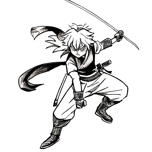 A fierce demon slayer wielding a katana sword in battle tattoo design idea