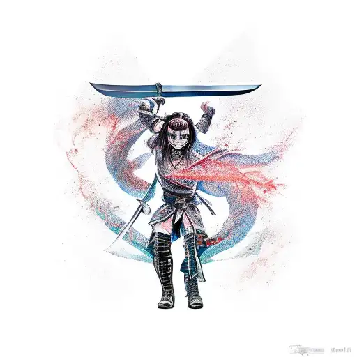 A fierce demon slayer wielding a katana sword in battle tattoo design idea