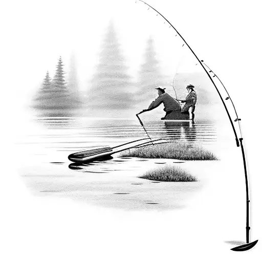 A peaceful fishing scene with a tranquil pond, a fishing rod, and a big catch tattoo design idea