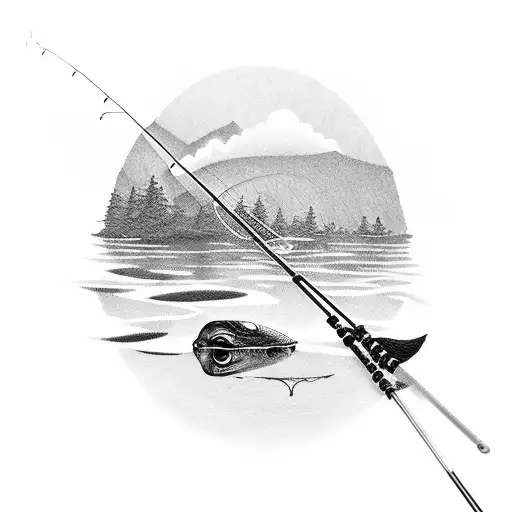 A peaceful fishing scene with a tranquil pond, a fishing rod, and a big catch tattoo design idea