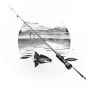 A peaceful fishing scene with a tranquil pond, a fishing rod, and a big catch tattoo design idea