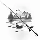 A peaceful fishing scene with a tranquil pond, a fishing rod, and a big catch tattoo design idea