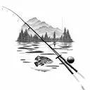 A peaceful fishing scene with a tranquil pond, a fishing rod, and a big catch tattoo design idea