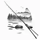 A peaceful fishing scene with a tranquil pond, a fishing rod, and a big catch tattoo design idea