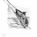 A peaceful fishing scene with a tranquil pond, a fishing rod, and a big catch tattoo design idea