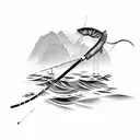 A peaceful fishing scene with a tranquil pond, a fishing rod, and a big catch tattoo design idea