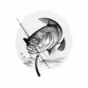 A peaceful fishing scene with a tranquil pond, a fishing rod, and a big catch tattoo design idea