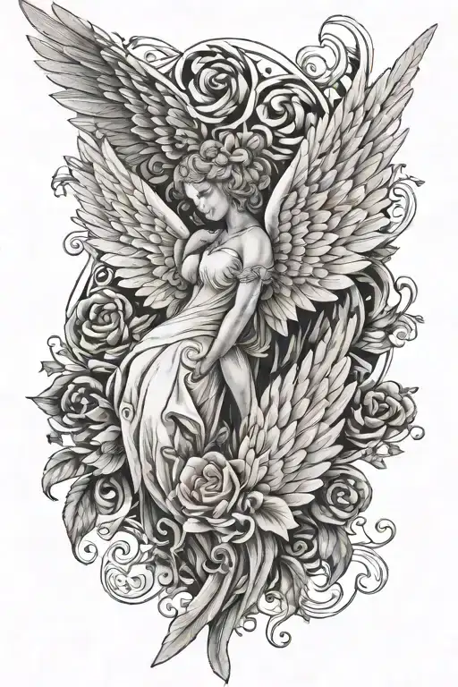 pink angel wings black and white tattoo design idea