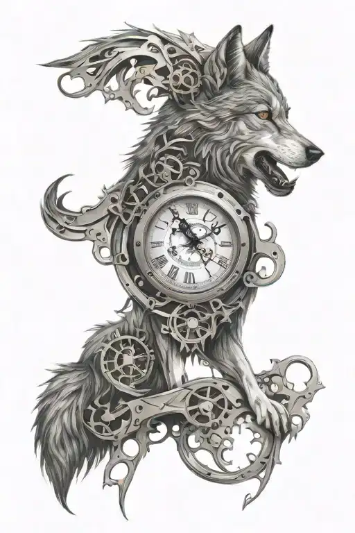wolf, clock mechanism intertwined tattoo design idea
