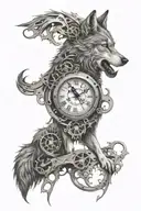 wolf, clock mechanism intertwined tattoo design idea