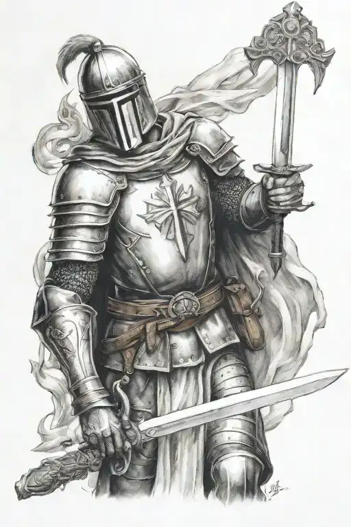 crusader holding sword tattoo design idea