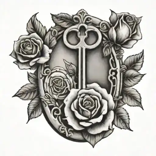 old key with roses in the middle and a sun above the top of the key tattoo design idea