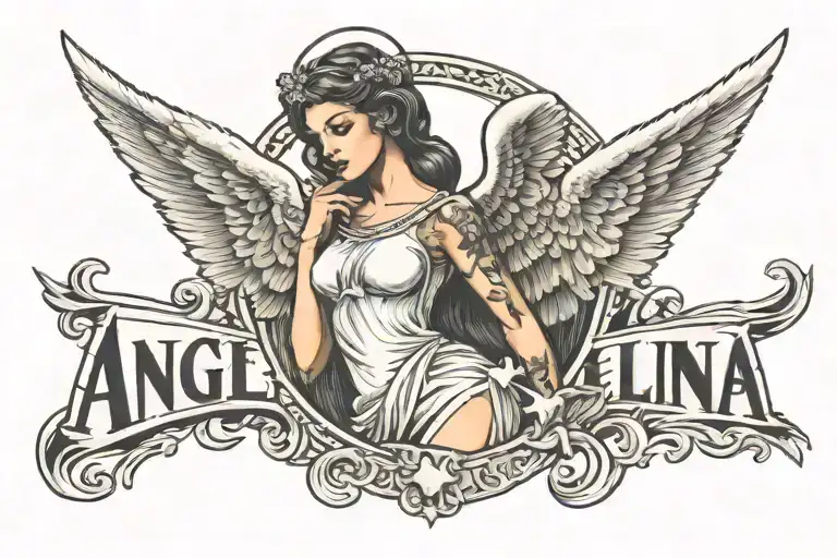 tattoo of the name Angelina in the form of an angel tattoo design idea