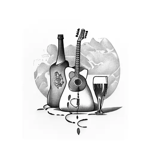 A guitar with wine and beer bottles as the strings tattoo design idea