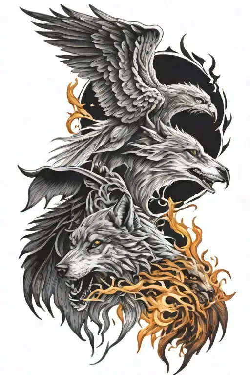 the reaper+phoenix+wolf tattoo design idea