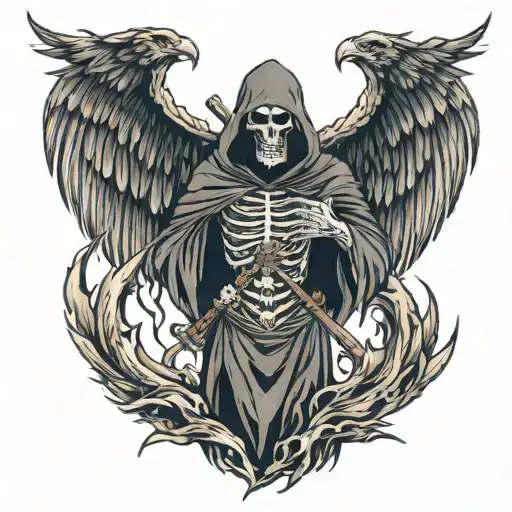 grim reaper of death+phoenix+wolf tattoo design idea