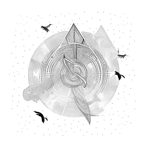 A music note transforming into a flock of birds flying towards a mountain peak tattoo design idea