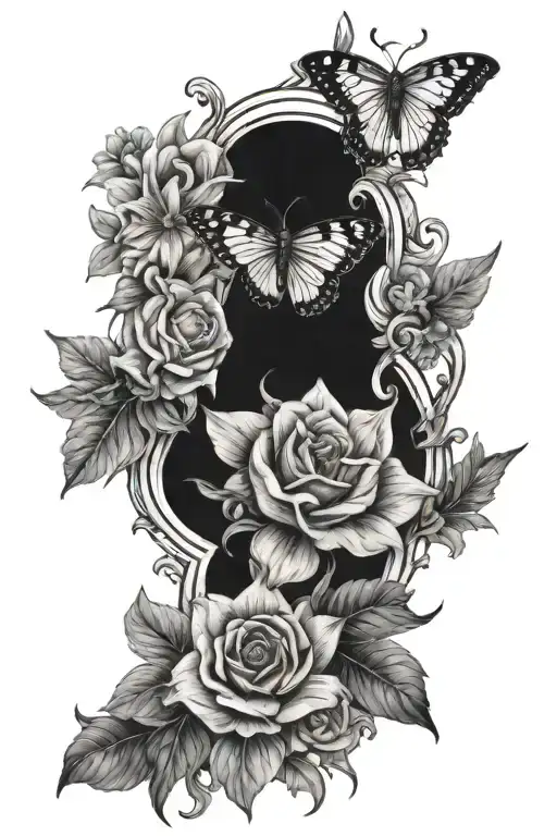 birth flowers, pentagram, butterfly lower arm sleeve  tattoo design idea
