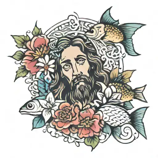 Jesus, Fish and Flowers tattoo design idea