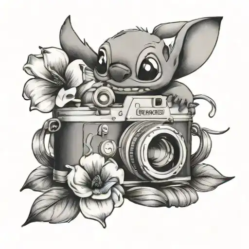 stitch with a camera and flowers intertwined tattoo design idea