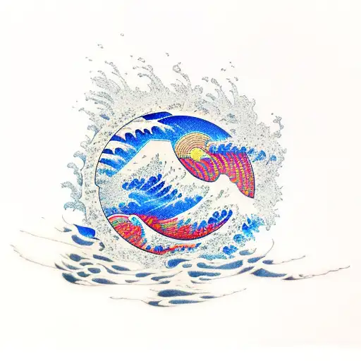 Japanese rising sun behind a tsunami wave tattoo design idea