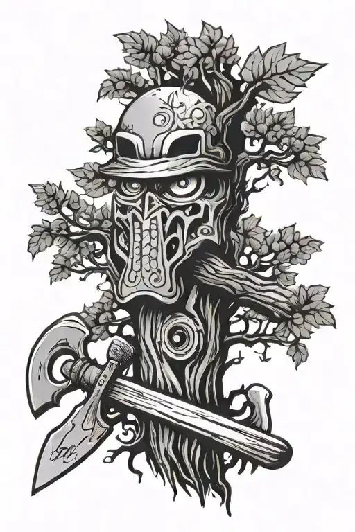 tree and ax with anime eyes tattoo design idea