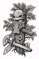 tree and ax with anime eyes tattoo design idea