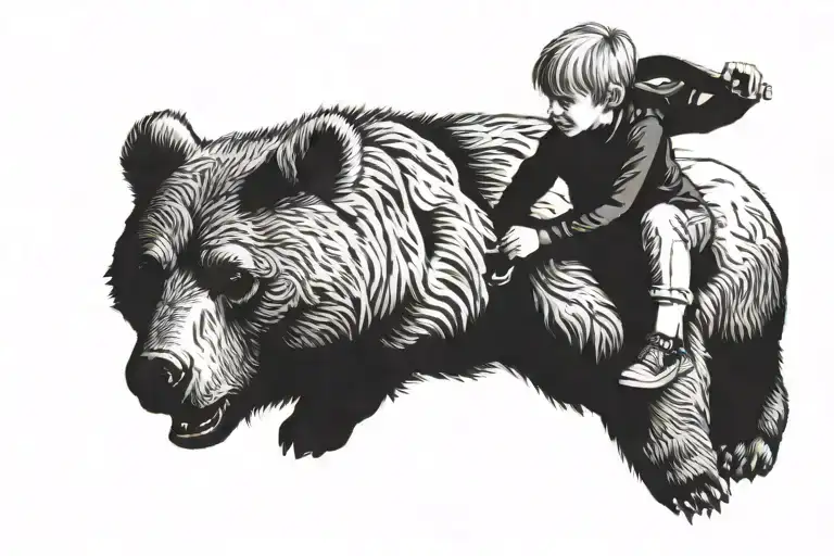a young blonde boy riding on a kodiak bear holding tattoo design idea