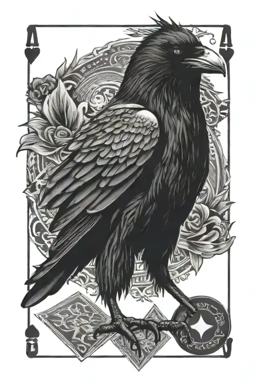 raven with extended arms with poker cards and Japanese style art tattoo design idea