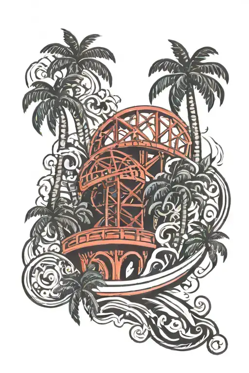 Palm trees with roller coaster track spiraling around tattoo design idea