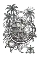 Palm trees with roller coaster track spiraling around tattoo design idea