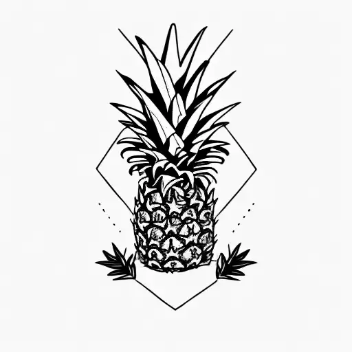 Long vertical Pineapple flash tattoo sketch, black and white ink tattoo style, geometric, clean white background tattoo design idea