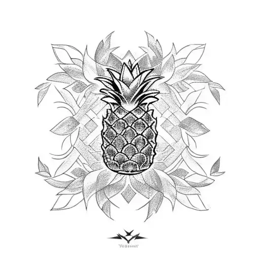 Long vertical Pineapple flash tattoo sketch, black and white ink tattoo style, geometric, clean white background, black  tattoo design idea