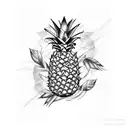 Long vertical Pineapple flash tattoo sketch, black and white ink tattoo style, geometric, clean white background tattoo design idea