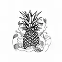 Long vertical Pineapple flash tattoo sketch, black and white ink tattoo style, geometric, clean white background tattoo design idea