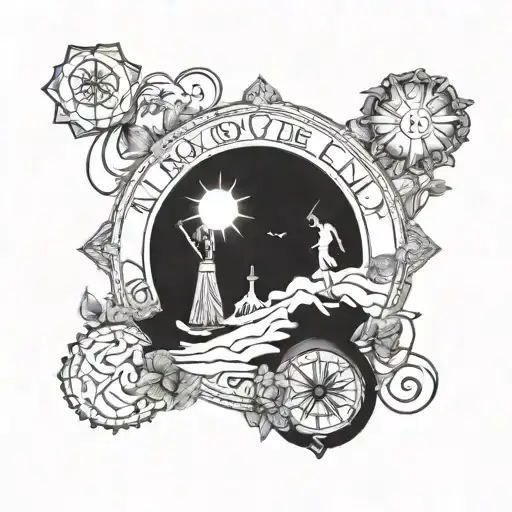 A tattoo of a mystical and enchanting scene inspired by the names Ophelia and Zephyra, with elements of travel and zodiac signs subtly incorporated into the design tattoo design idea