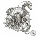 A tattoo of a majestic scorpion and goat intertwined, representing the Scorpio and Capricorn zodiac signs, with a compass rose in the background symbolizing your passion for travel tattoo design idea