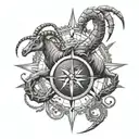 A tattoo of a majestic scorpion and goat intertwined, representing the Scorpio and Capricorn zodiac signs, with a compass rose in the background symbolizing your passion for travel tattoo design idea