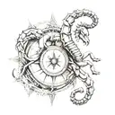A tattoo of a majestic scorpion and goat intertwined, representing the Scorpio and Capricorn zodiac signs, with a compass rose in the background symbolizing your passion for travel tattoo design idea