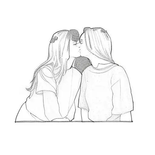 two girls kissing. without shadow's. simple drawing but add little bit of details tattoo design idea