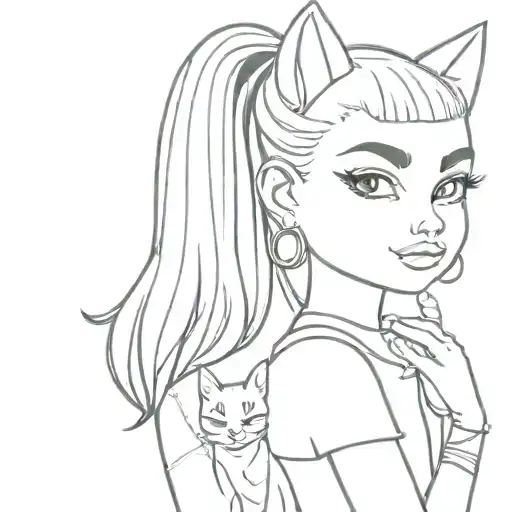 blonde Bratz girl with straight hair and a cat next to her tattoo design idea