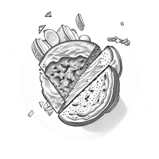 one slice of bread with spread and hovering above in layers: slices of cheese, pickles and beetroots  tattoo design idea